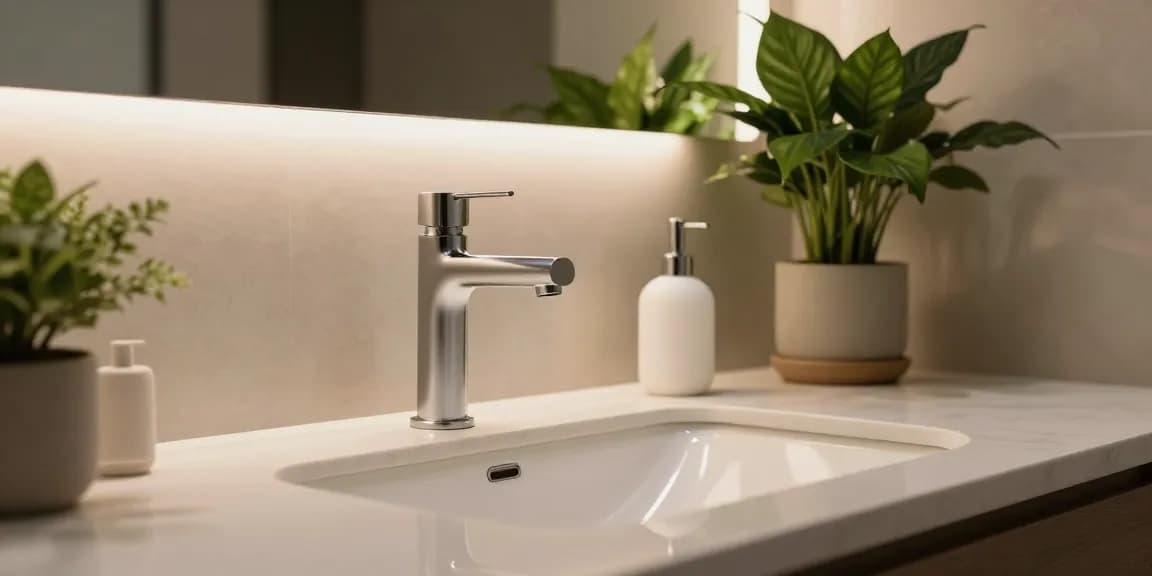 Moderne wastafelkraan installatie in een stijlvolle badkamer met warme sfeer.