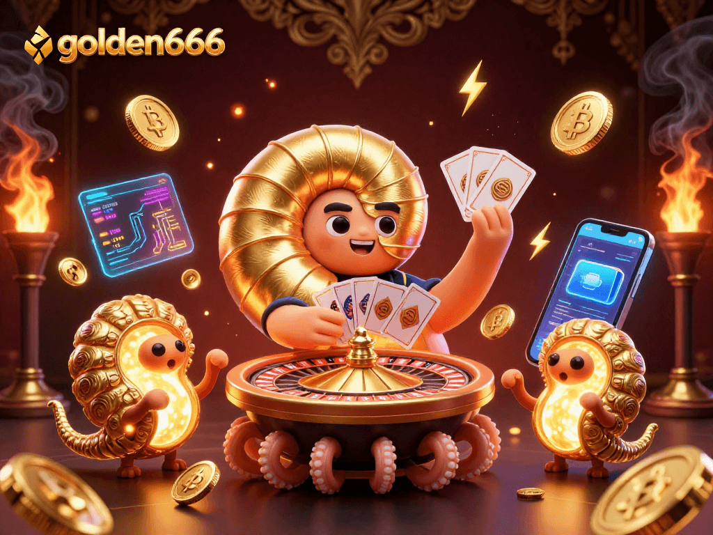 Engage with golden666's thrilling crypto-casino world featuring a joyful nautilus and glowing elements.