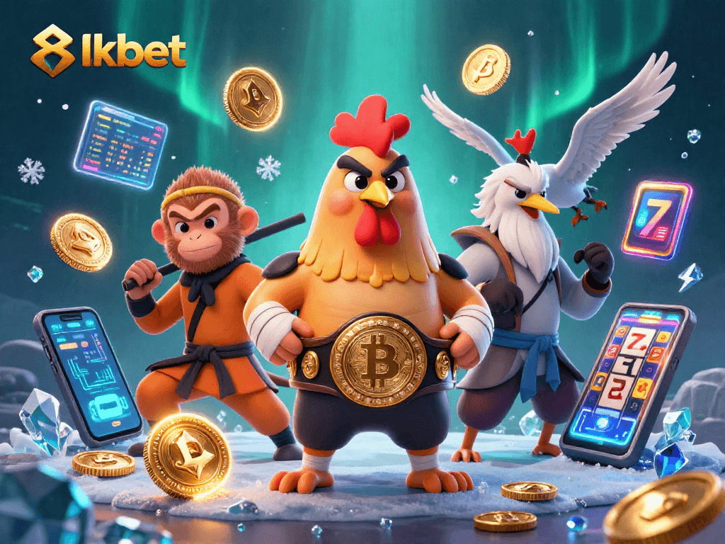 Engage with 8kbet's vibrant gaming universe featuring powerful characters and cryptocurrency elements.