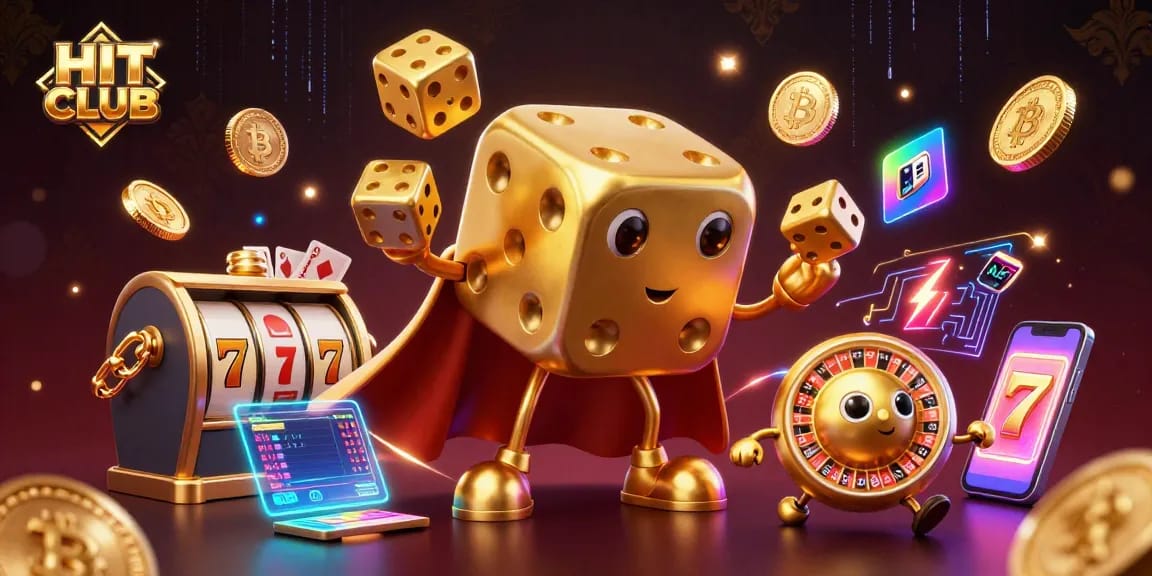 Experience thrilling gameplay at HIT CLUB with golden dice characters surrounded by slot elements and cryptocurrency.
