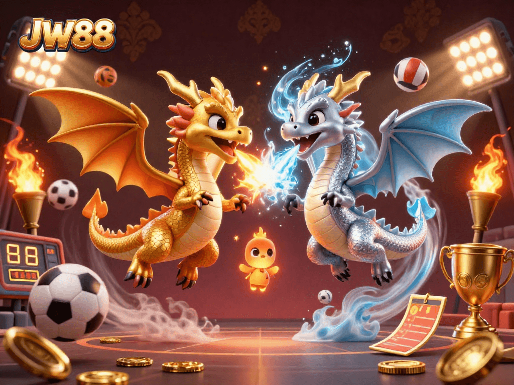 Experience thrilling sports action with JW88 as twin dragons clash in an epic battle amidst vibrant casino elements.