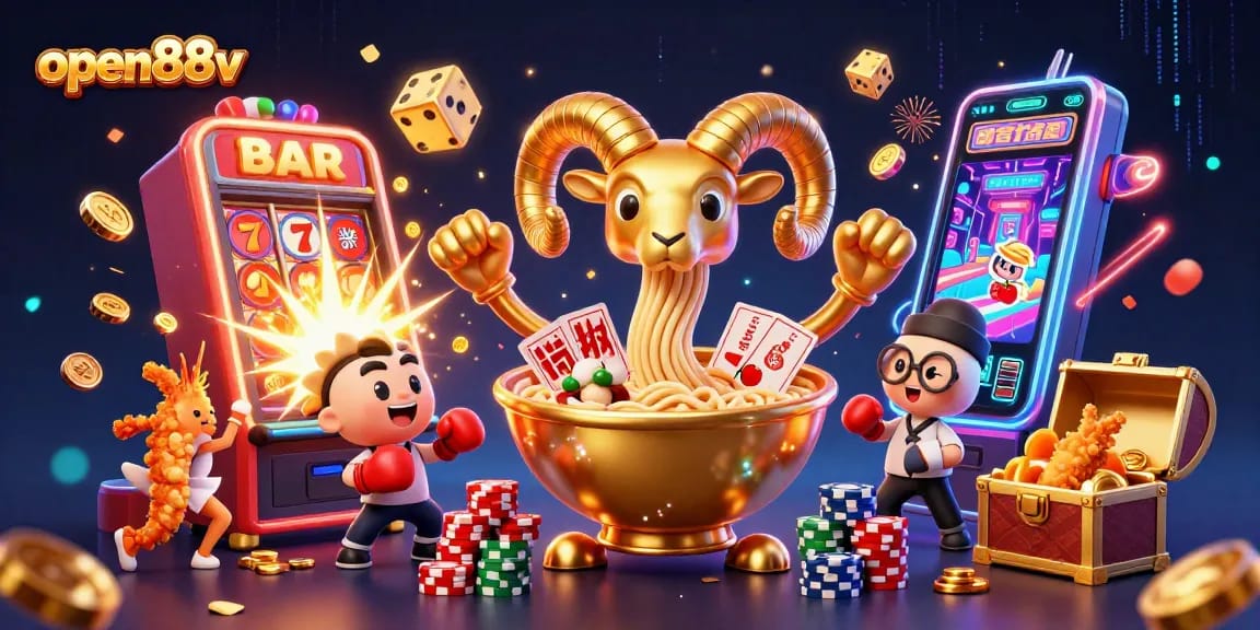 Engage with open88v’s vibrant casino scene featuring illustrated characters and slot action.