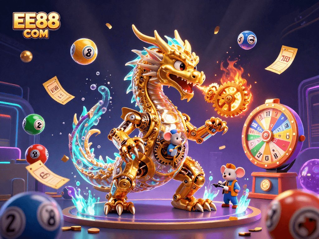 Engage with exciting gameplay at EE88 COM featuring animated lottery balls and golden dragon.