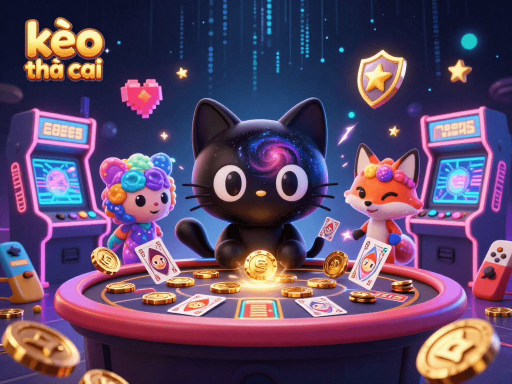 Engaging kèo nhà cái scene with a black hole cat and a nebula fox attracting casino chips and cards.