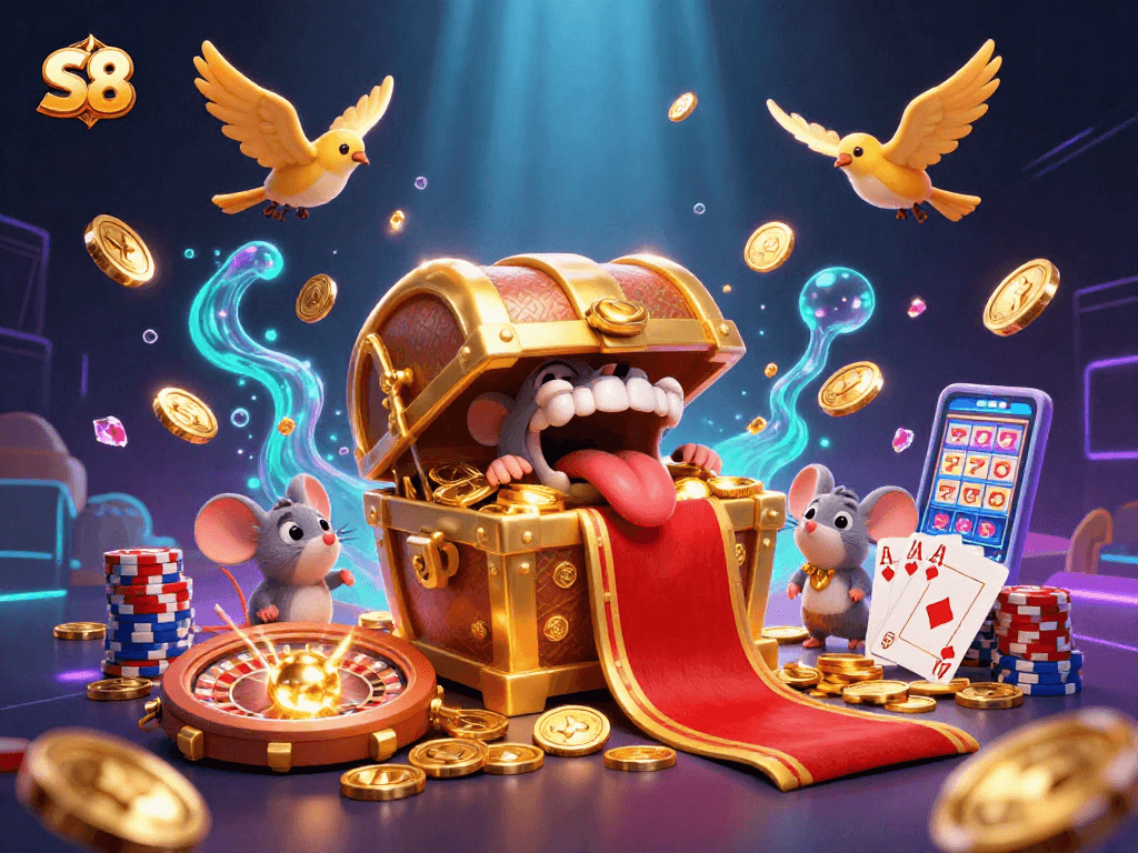 Experience the thrill of S8 gaming with dynamic treasures, coins, and vibrant casino elements.