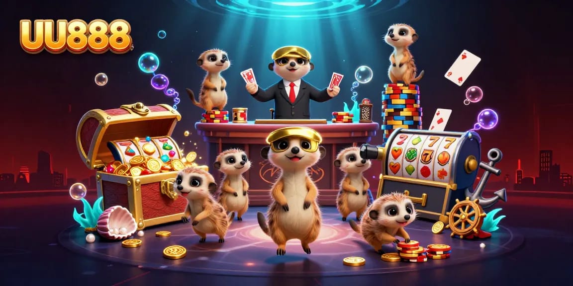 Play exciting slots at UU888's vibrant casino scene with meerkat characters amidst shimmering treasures.