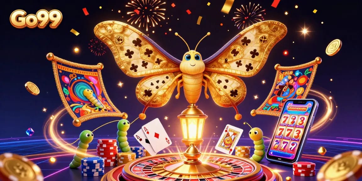 Experience the thrill of Go99 with vibrant 3D casino visuals showing dynamic game elements and festive atmosphere.