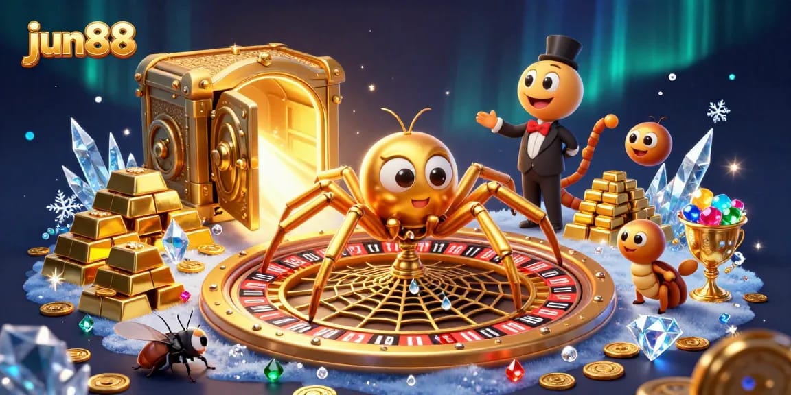 Bet on jun88 with a golden spider spinning a roulette web, surrounded by treasures and vibrant casino elements.