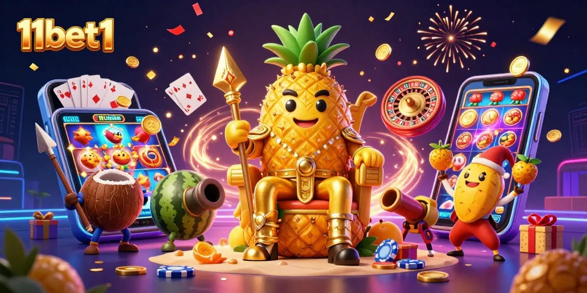 Experience thrilling moments with 11bet1 as a golden pineapple king rules a vibrant casino scene.