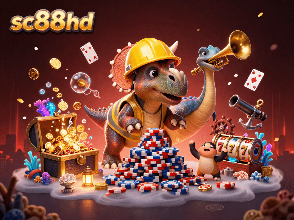 sc88hd's vibrant 3D scene showcases a triceratops building poker chips amid casino elements.