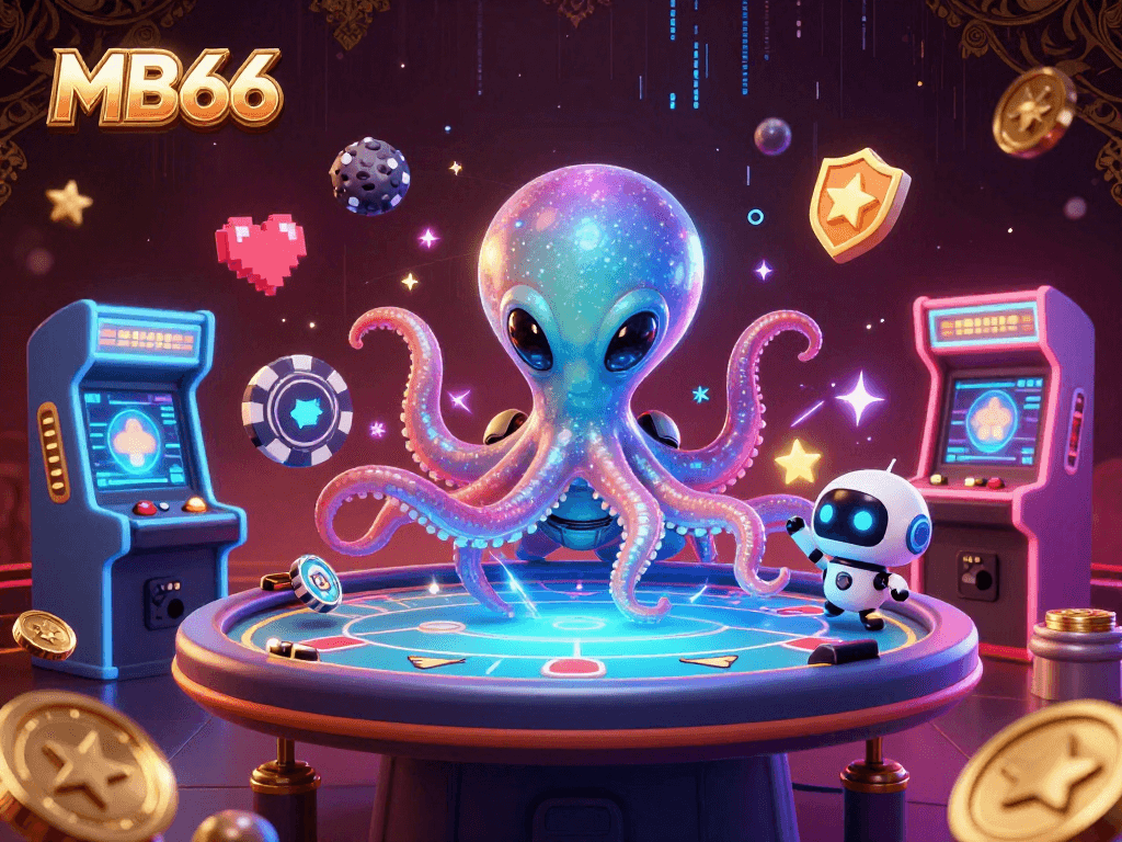 Experience thrilling gaming action with MB66, featuring a galactic octopus navigating a holographic poker table.