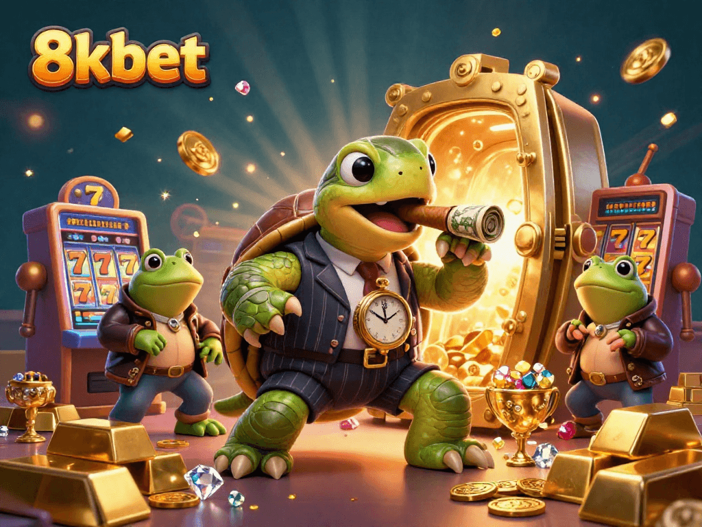 Celebrate big wins at 8kbet with a vibrant casino scene featuring colorful slot machines.