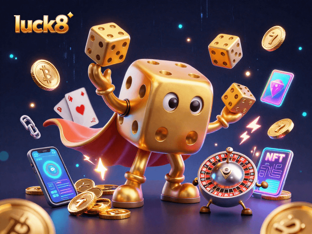 Experience thrilling gameplay with luck8's 3D gaming adventures featuring dynamic golden dice and crypto elements.