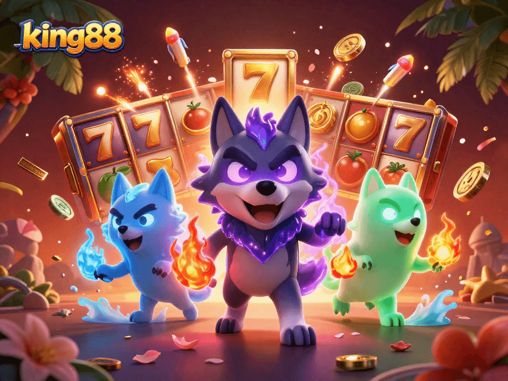 Engage in thrilling moments with king88 featuring a spectral wolf leader amidst vibrant slot elements.