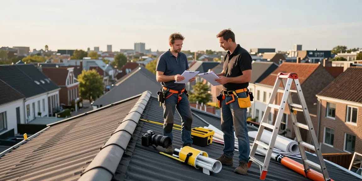 Expert dakdekker den haag evaluating a rooftop while showcasing essential roofing tools and Den Haag's skyline.