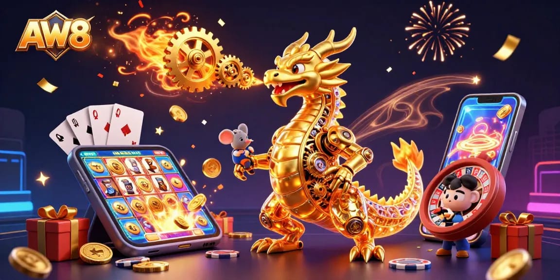 Engage with AW8's stunning casino experience featuring a golden dragon and vibrant game elements.