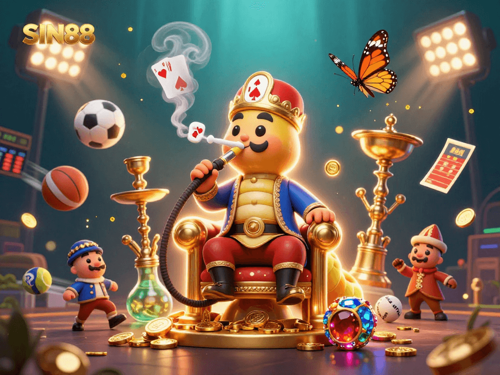 SIN88 showcases a dynamic 3D scene featuring a caterpillar hookah-master amidst vibrant sports elements.