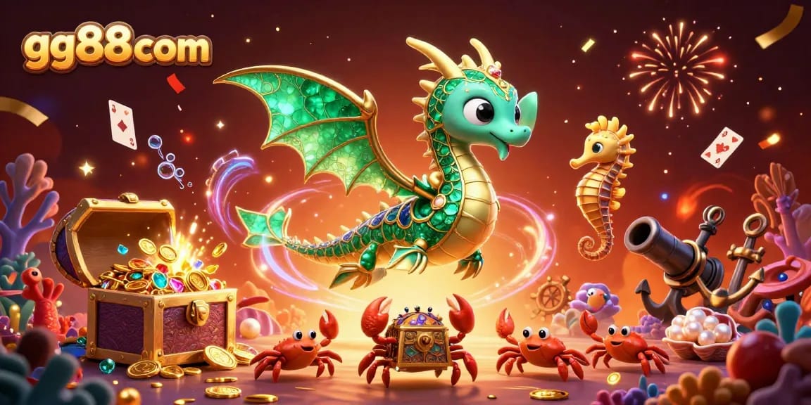 Join the excitement at gg88com as the cartoon sea dragon guards treasures in a dynamic casino scene.