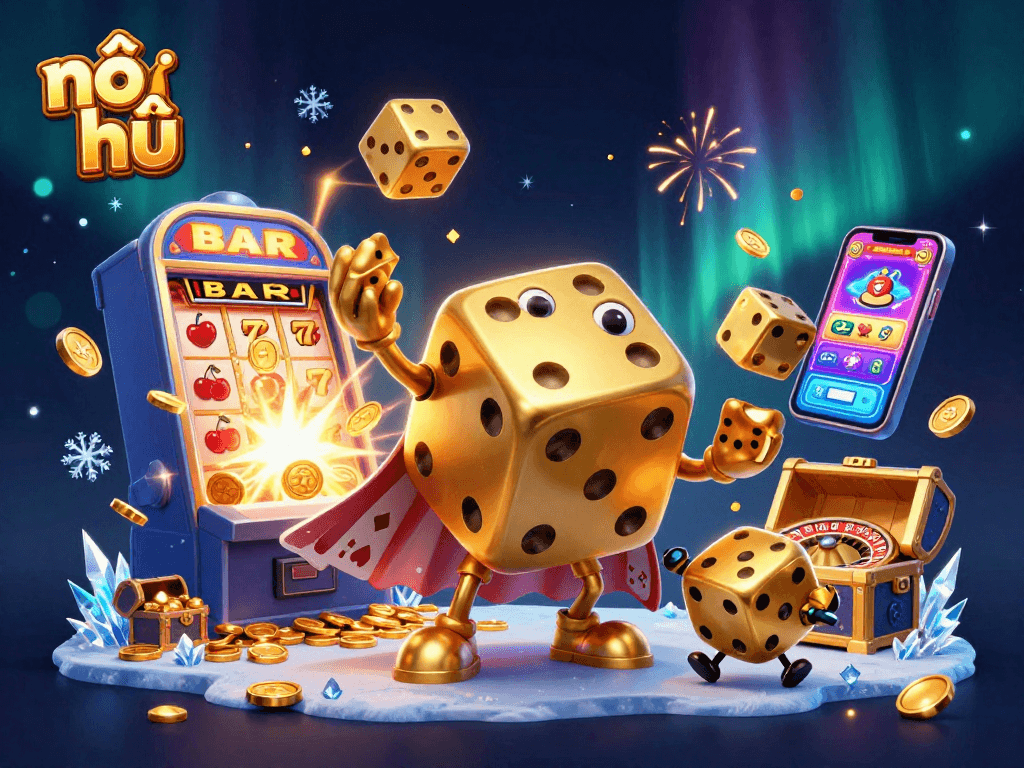 Experience vibrant nổ hũ gameplay with a dynamic 3D visual of slots, dice, and casino elements.
