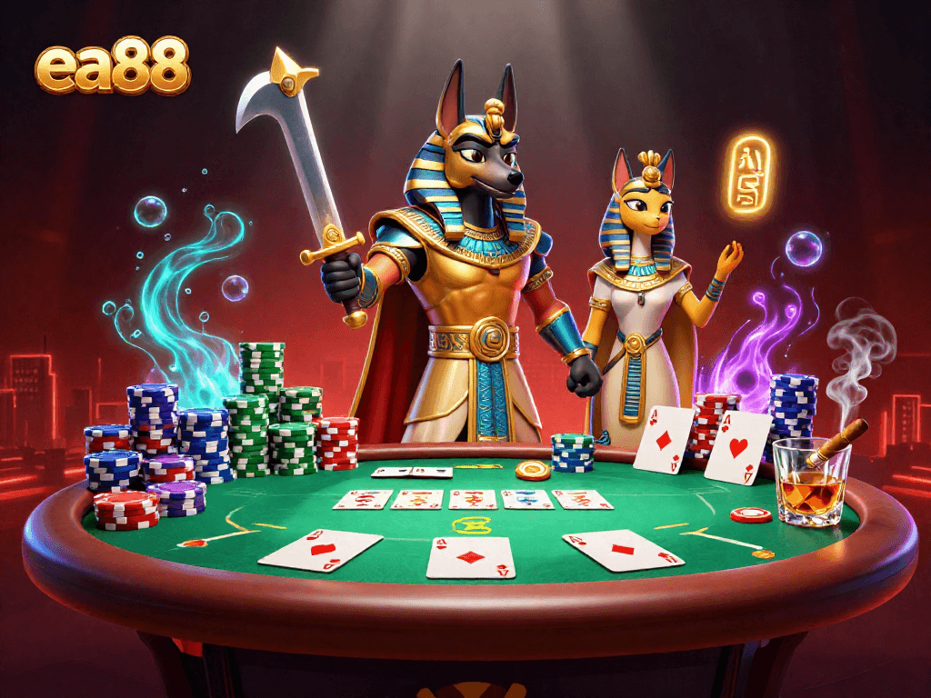 Win big at ea88 with exciting poker action featuring Anubis and Bastet in a vibrant 3D casino.