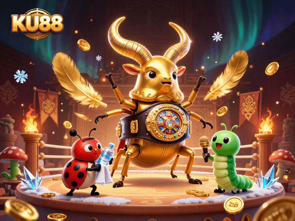 Engage with KU88's exciting gaming scene featuring a champion beetle and fun characters.