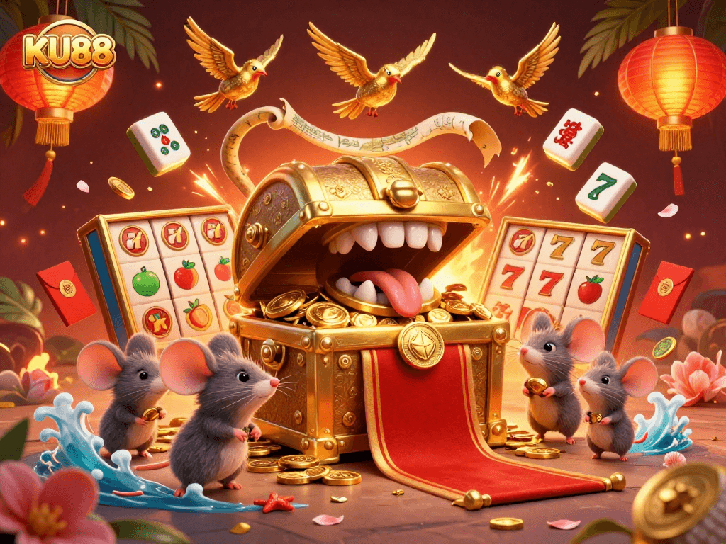 Engage with the vibrant richness of KU88's gaming adventures, featuring a treasure chest and exciting slot elements.