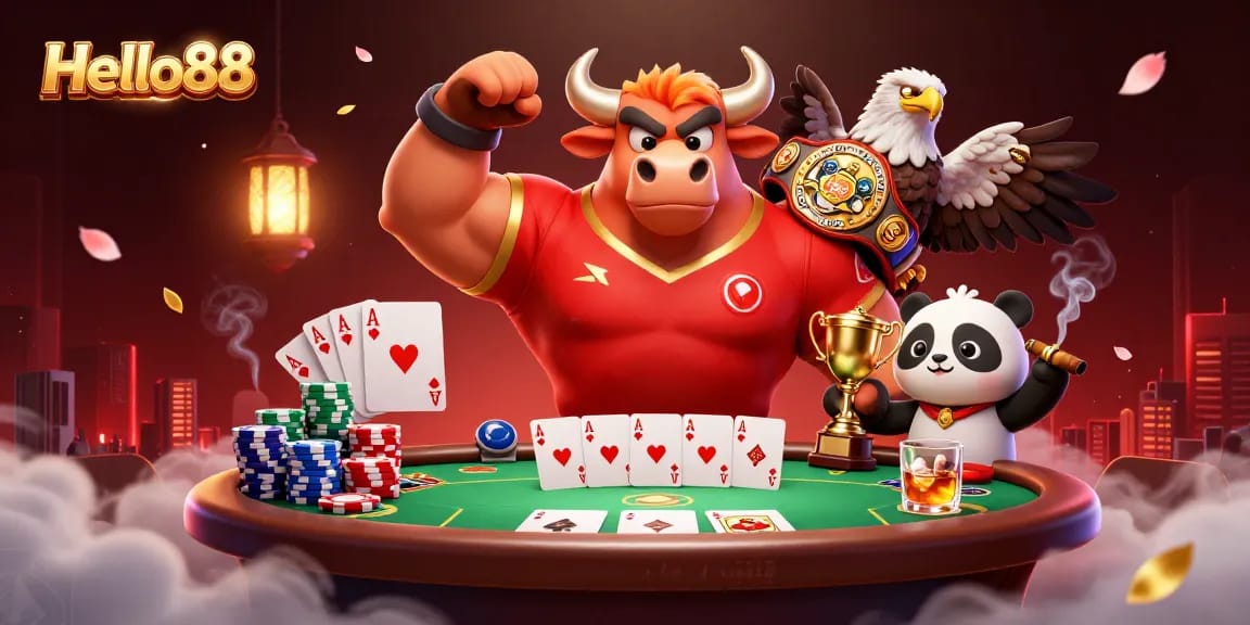 Engage with Hello88 and win big at the poker table with our playful casino mascot duo!