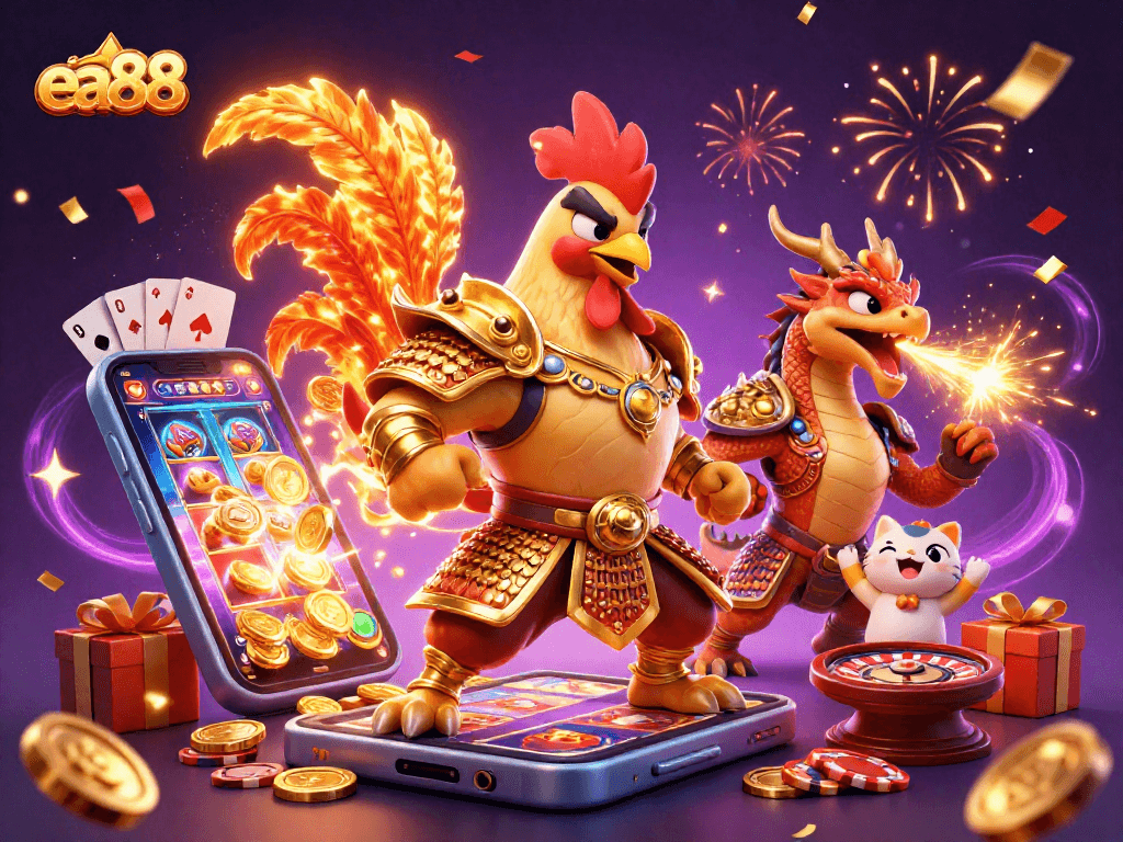 Experience the thrilling world of ea88 with vibrant characters amidst swirling magic and casino excitement.