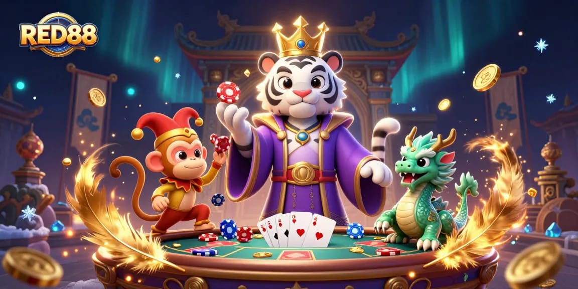 RED88 showcases a vibrant casino scene with a royal tiger and playful monkey in action.