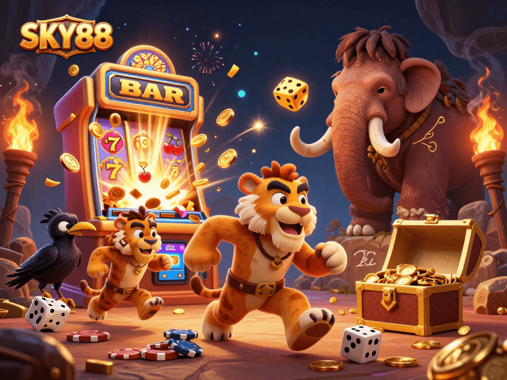 Play exciting games at SKY88 with the thrilling caveman and sabertooth duo in a prehistoric casino.