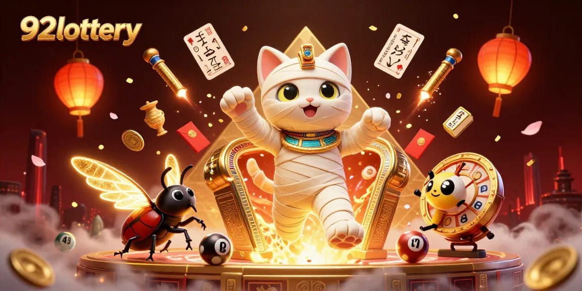Engage in thrilling lottery action with 92lottery's interactive 3D illustration featuring vibrant characters and elements.