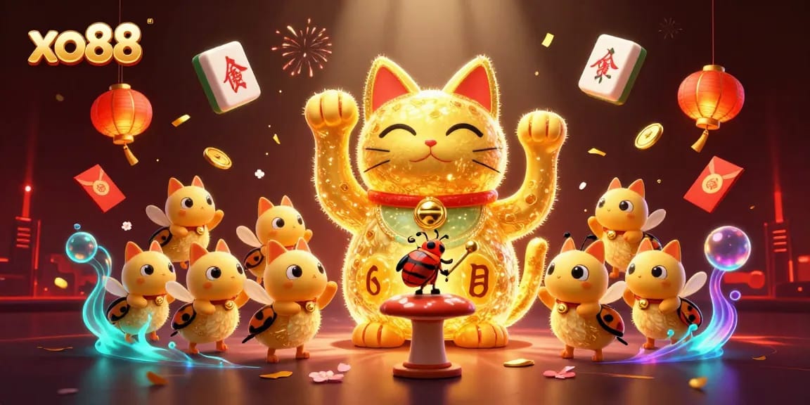 Experience thrilling gameplay with xo88 as golden fireflies form a lucky cat, surrounded by vibrant casino symbols.