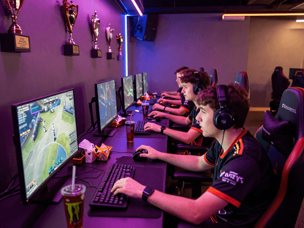 Experience the vibrant esports lounge at http://oxbet-app.com with gamers strategizing and celebrating.