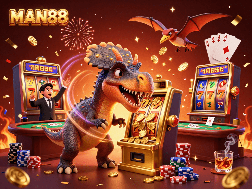 Witness MAN88's thrilling jackpot moment with a pachycephalosaurus celebrating a big win!