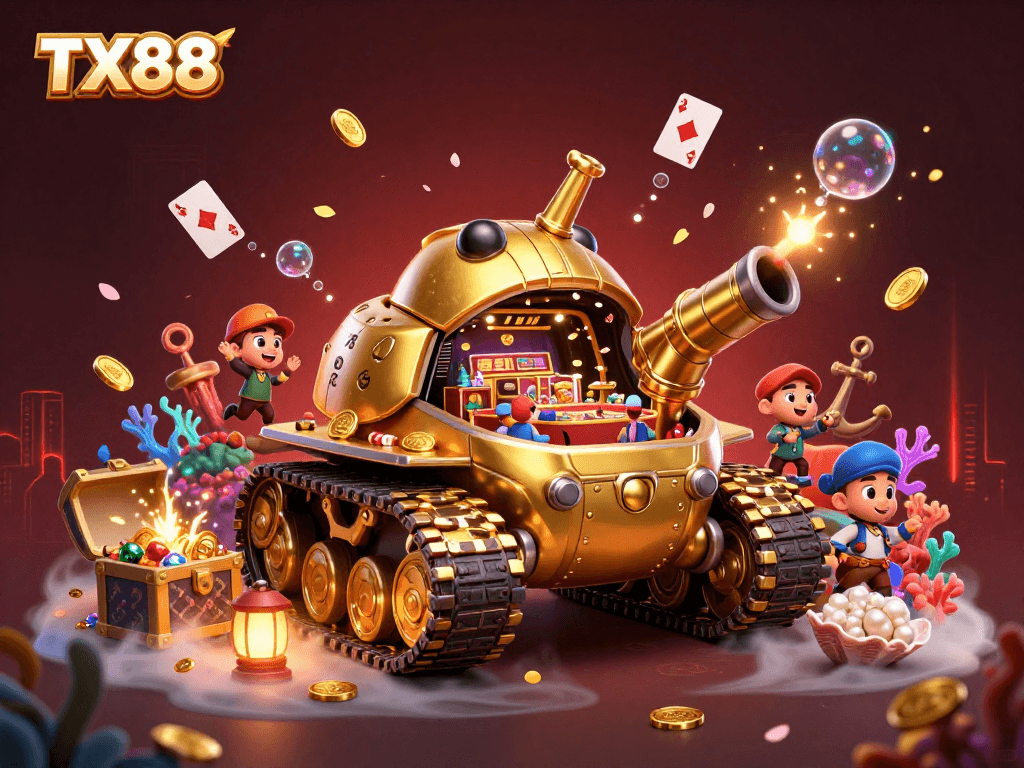 Enter the vibrant world of TX88 with a golden beetle tank evolving into a miniature casino.