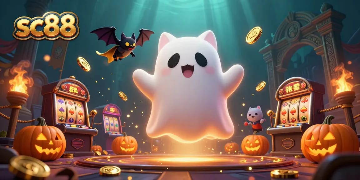 Spin the reels at sc88 with a ghost cat and vampire bat in this vibrant casino scene.