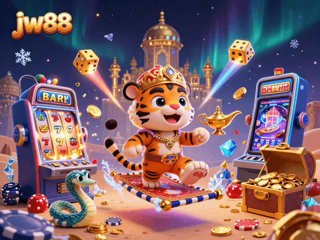 Experience thrilling gaming at JW88 with a vibrant 3D casino scene featuring iconic symbols and action.