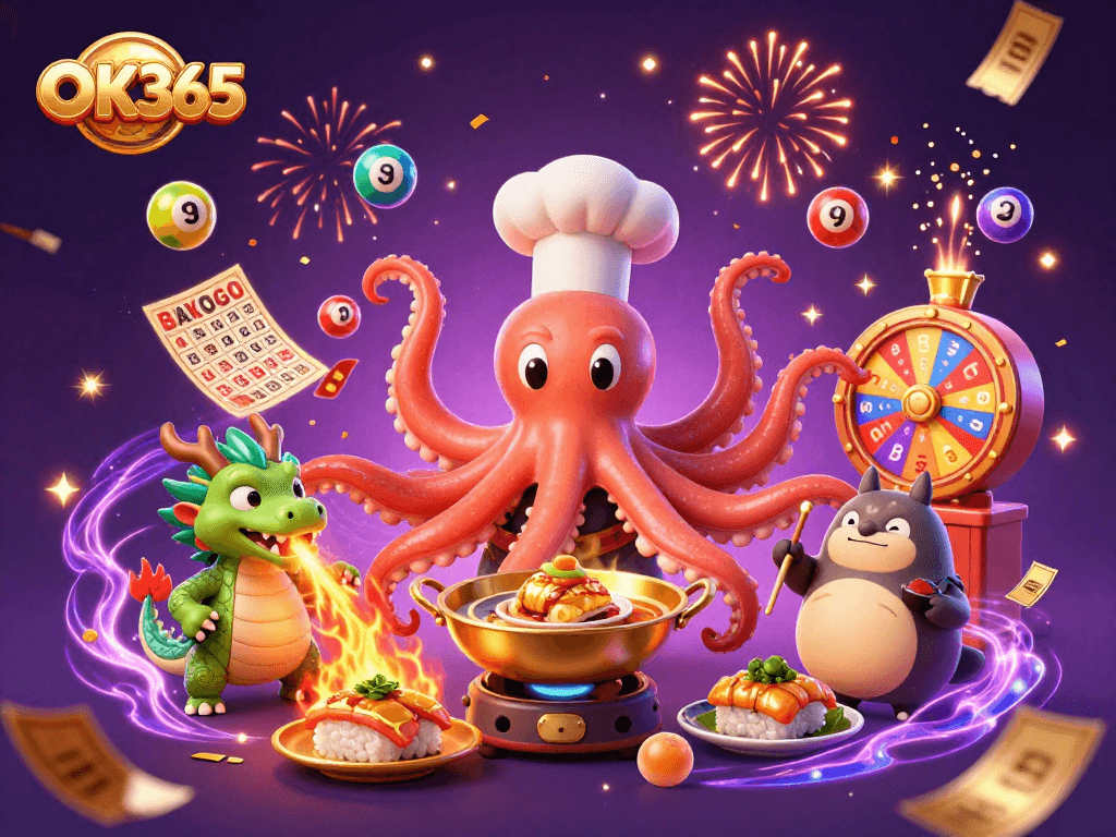 Engage with OK365 as the octopus chef creates golden dishes amidst a lively casino scene.