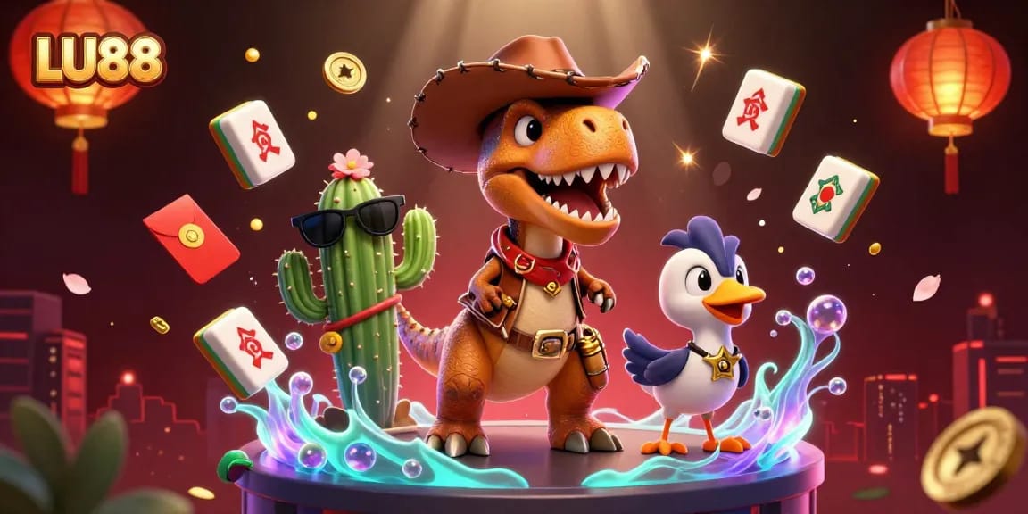 LU88 offers exciting gambling experiences with a T-Rex and friends in a vibrant casino setting.