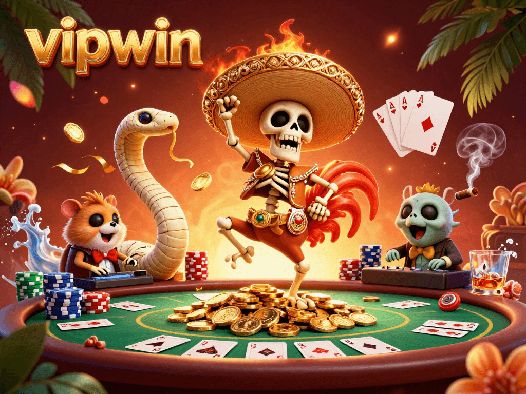 Experience the thrilling excitement of vipwin with dynamic characters celebrating over piles of poker chips.