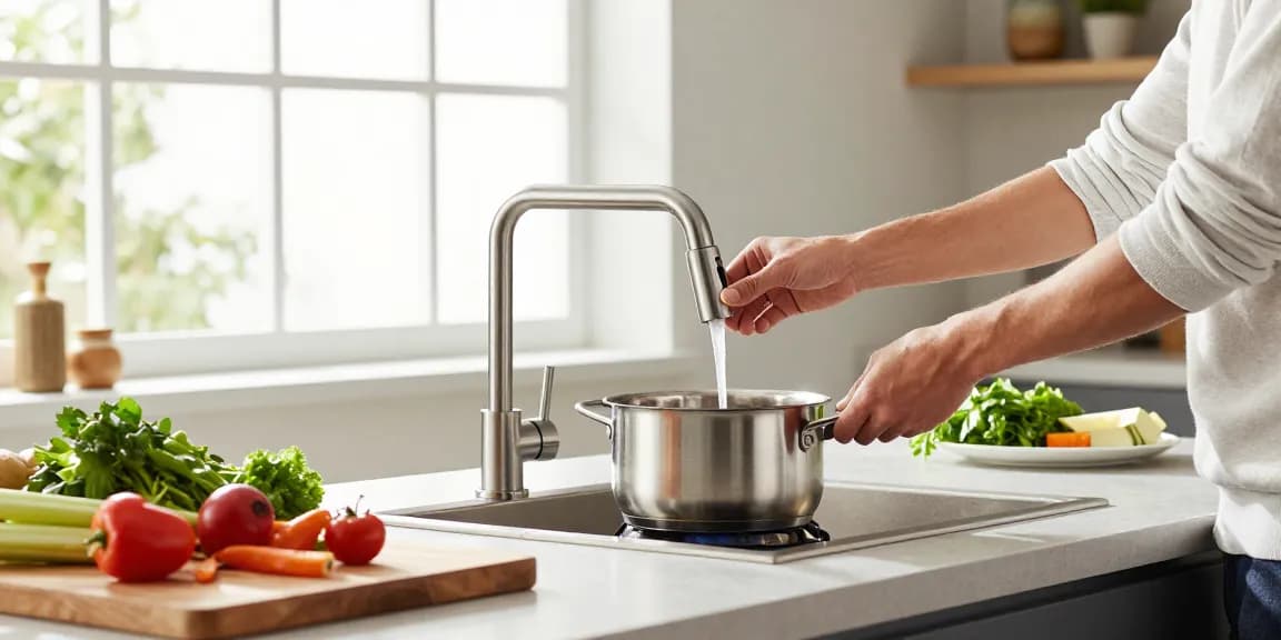 Moderne gunmetal kraan bestellen in een stijlvolle keuken met verse ingrediënten.