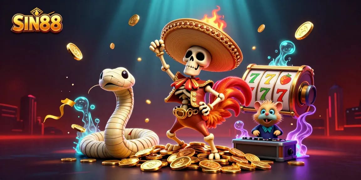 SIN88 presents a vibrant scene with a dancing mariachi rooster and casino elements embodying excitement.