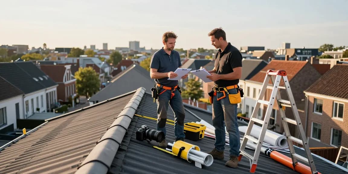 Expert dakdekker den haag evaluating a rooftop while showcasing essential roofing tools and Den Haag's skyline.