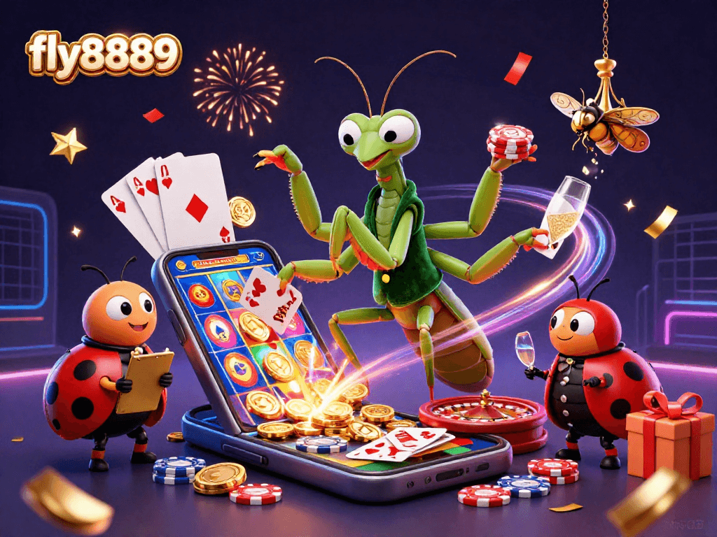 Experience the excitement of fly8889 with a colorful casino scene featuring a giant praying mantis and ladybug pit boss celebrating win!