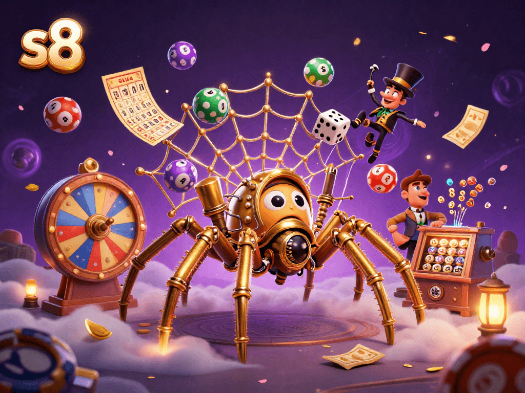 S8 brings luck with its steampunk spider and vibrant casino elements in an enchanting 3D art.
