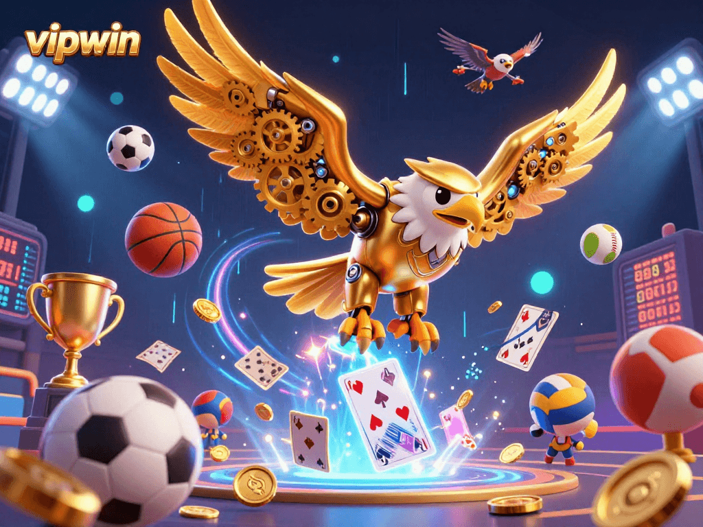 Experience thrilling sports betting with vipwin's vibrant 3D casino illustration featuring dynamic characters and elements.