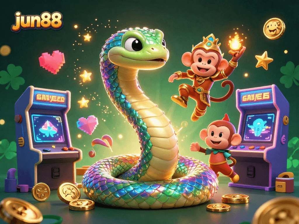 Immerse in the jun88 excitement with a rainbow serpent and monkey king in a vibrant gaming paradise.