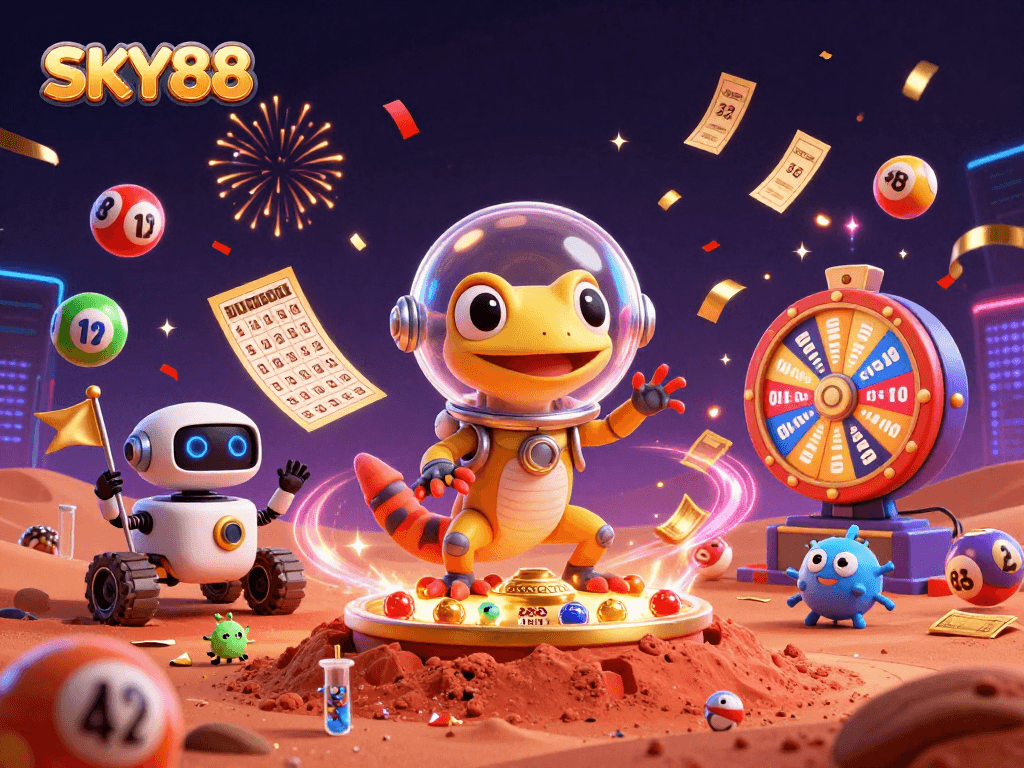 SKY88 celebrates with a Martian gecko discovering a casino filled with vibrant lottery elements.