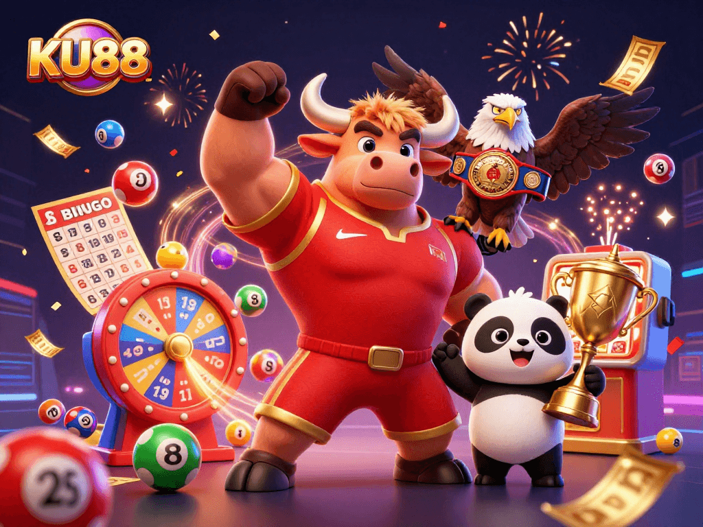 Celebrate wins at KU88 with our vibrant casino-themed illustration featuring lively characters.