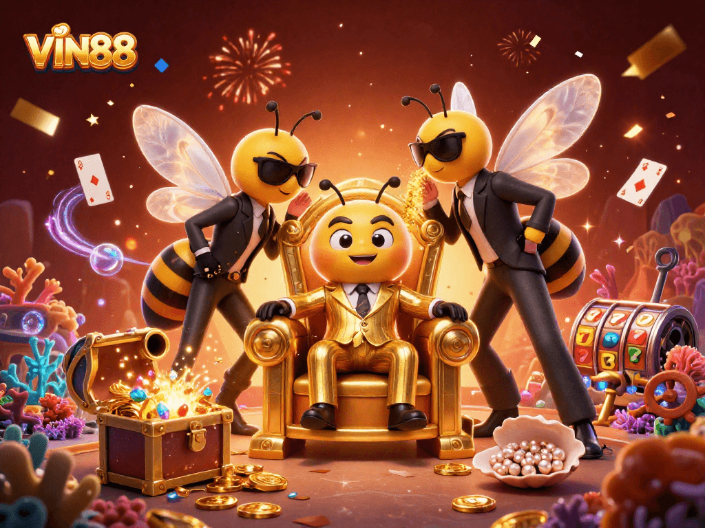 Experience the excitement of VIN88 slots with thrilling characters in a vibrant casino scene.